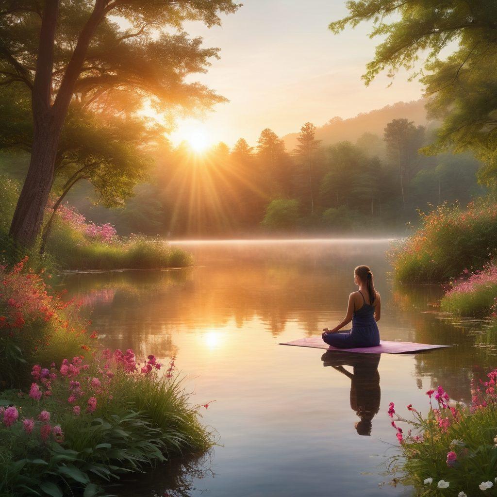 A serene landscape depicting a vibrant sunrise over a peaceful lake, symbolizing new beginnings and positivity. Include a person practicing yoga on the shore, surrounded by blooming flowers and lush greenery, with light beams filtering through the trees. Soft, uplifting colors dominate the scene, evoking a sense of calm and joy. ethereal art. vibrant colors. peaceful ambiance.