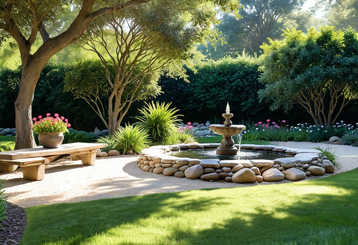 A serene landscape featuring a tranquil garden filled with colorful flowers, a peaceful water fountain, and a yoga practitioner meditating on a soft green lawn. The scene captures soft sunlight filtering through the trees, creating a warm and inviting atmosphere. Elements like stones for mindfulness, aromatherapy candles, and gentle waves in the background enhance the holistic theme. watercolor painting. soft colors. calming atmosphere.