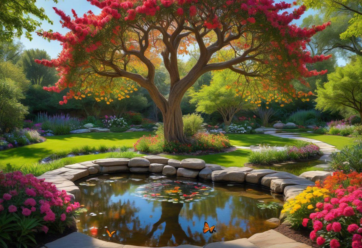 A serene landscape depicting a peaceful garden filled with vibrant flowers, a tranquil water feature, and a person meditating under a blossoming tree. Include elements of nature like butterflies and birds to symbolize joy and tranquility. Soft, warm sunlight bathing the scene to enhance feelings of happiness and wellness. super-realistic. vibrant colors. peaceful atmosphere.